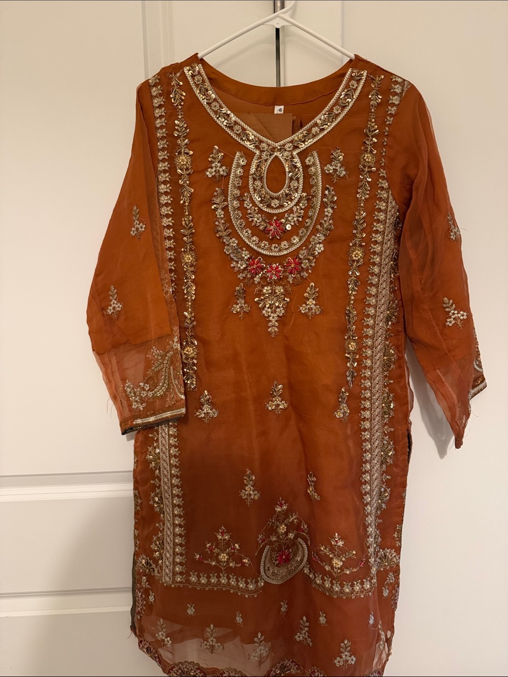Embroidered Rust Orange Chiffon Kurta Tunic